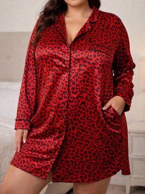 Morgan Taylor Red Leopard Satin Sleep Shirt Plus XL Luxe Glam Boho Loungewear